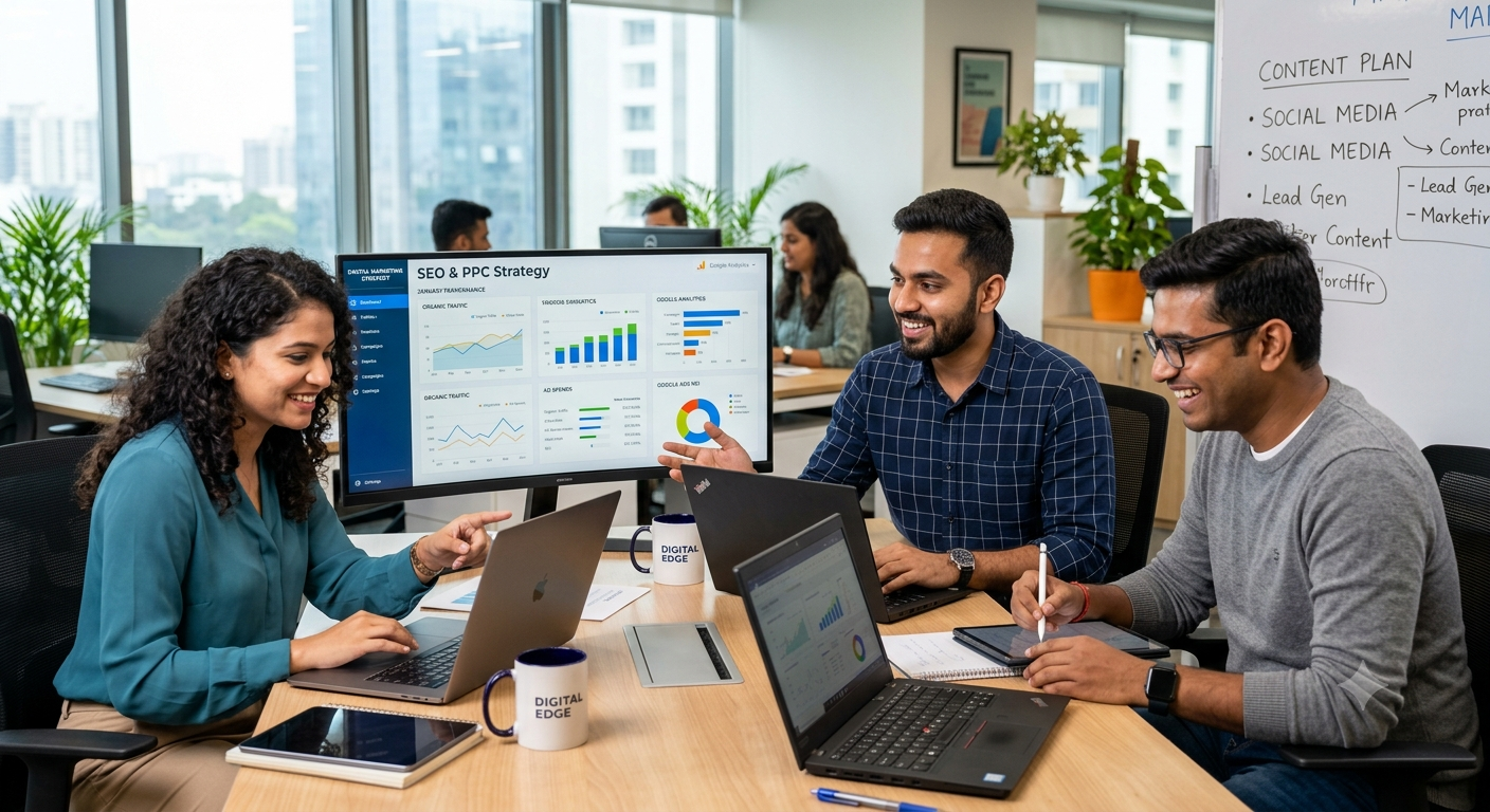 Small digital marketing team collaborating around a table